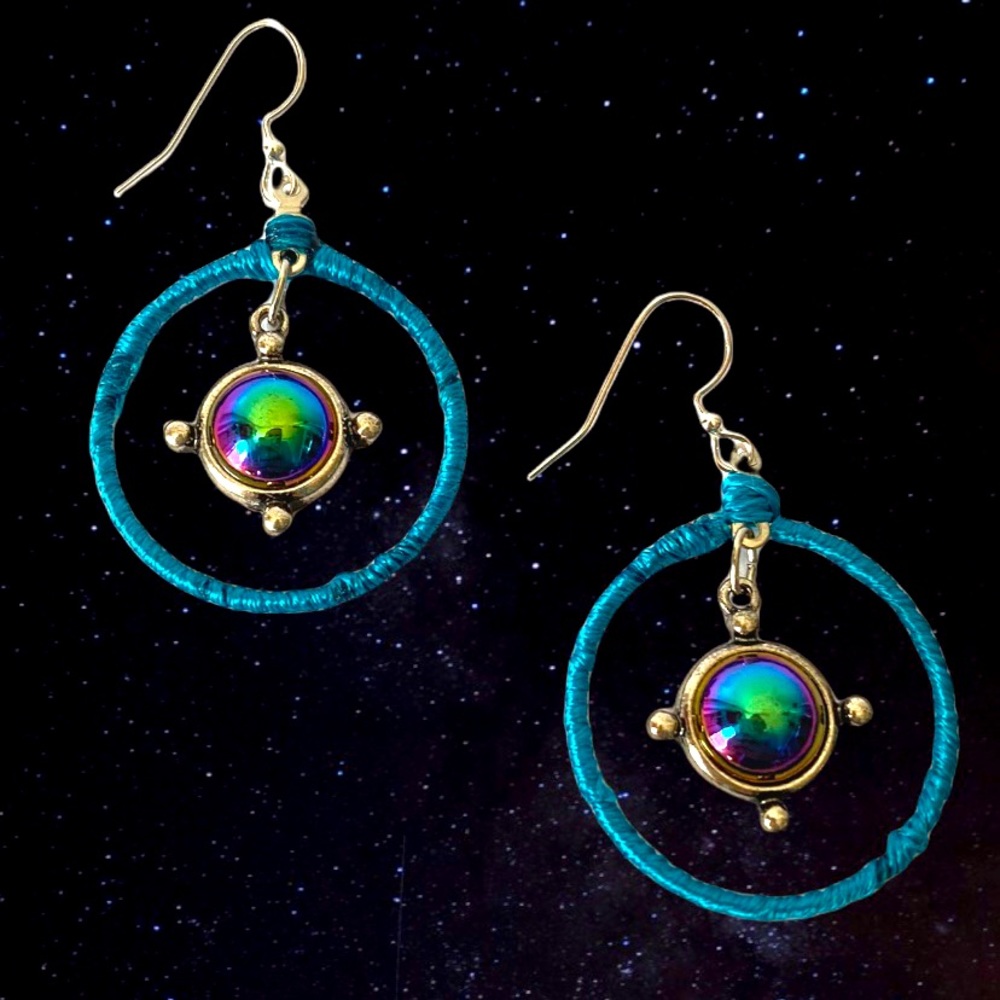 Celestial, Saturn, galaxy, orbit inspired hand wrapped dangle earrings